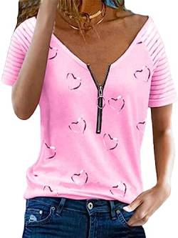 Lyfadon Damen-Top, kurzärmelig, Herzdruck, lockere Bluse, modisch, V-Ausschnitt, rose, 58 von Lyfadon