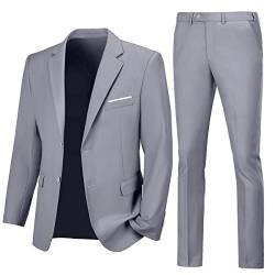 Lynerun Herren Slim Fit 2-teiliger Anzug mit zwei Knöpfen gekerbtes Revers Solide Anzug Jacke Hose Set Smoking für Abschlussball, Hellgrau, XS von Lynerun