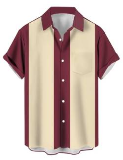 Bowling-Shirts für Herren, Vintage-Stil, 1950er-Jahre, lässig, kurzärmelig, Knopfleiste, kontrastierendes Hemd, Sommer, Farbblock, kubanische Hemden, Ziegelrot und Beige, L von Lzzidou