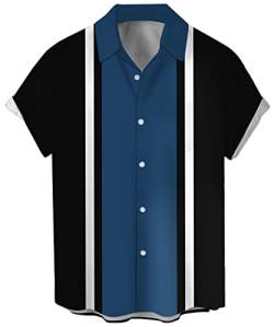 Herren Vintage Bowling Shirt 1950er Retro Kurzarm Button Down Shirts, Blau / Schwarz gestreift, Mittel von Lzzidou