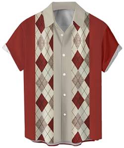 Herren Vintage Bowling Shirt 1950er Retro Kurzarm Button Down Shirts, Braun-rotes geometrisches Muster, 3X-Groß von Lzzidou