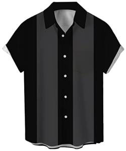 Herren Vintage Bowling Shirt 1950er Retro Kurzarm Button Down Shirts, Grau / Schwarz, 3X-Groß von Lzzidou