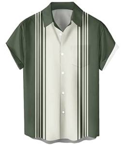 Herren Vintage Bowling Shirt 1950er Retro Kurzarm Button Down Shirts, Salbeigrün gestreift, 3X-Groß von Lzzidou