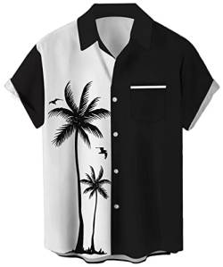 Herren Vintage Bowling Shirt 1950er Retro Kurzarm Button Down Shirts, Schwarz-weiße Kokosnuss, 3X-Groß von Lzzidou