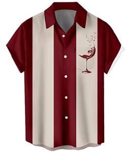 Herren Vintage Bowling Shirt 1950er Retro Kurzarm Button Down Shirts, Wein, XX-Large von Lzzidou
