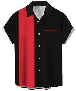 Herren Vintage Bowling Shirt 1950er Retro Kurzarm Button Down Shirts, rot / schwarz, XL von Lzzidou