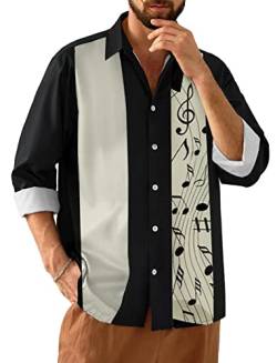 Herren Vintage Bowling Shirt 1950er Retro Langarm Button Down Shirts, Schwarze Musiknote, L von Lzzidou