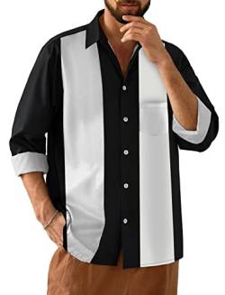 Herren Vintage Bowling Shirt 1950er Retro Langarm Button Down Shirts, Weiß, Schwarz, 3X-Groß von Lzzidou
