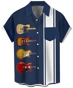Herren Vintage Bowling Shirt 1950er Retro Rockabilly Stil Kurzarm Button Down Musik Hawaii Hemden, Gitarre-4 Stile, XX-Large von Lzzidou