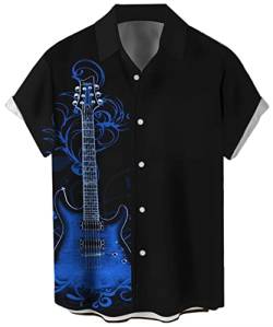 Herren Vintage Bowling Shirt 1950er Retro Rockabilly Stil Kurzarm Button Down Musik Hawaii Hemden, Gitarre-Saphir, L von Lzzidou