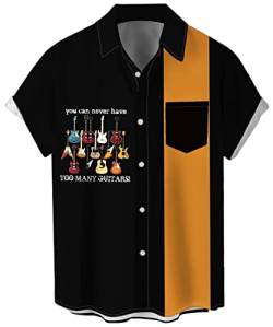 Herren Vintage Bowling Shirt 1950er Retro Rockabilly Stil Kurzarm Button Down Musik Hawaii Hemden, Gitarre-viele, XL von Lzzidou