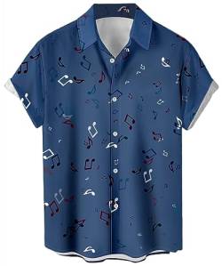 Herren Vintage Bowling Shirt 1950er Retro Rockabilly Stil Kurzarm Button Down Musik Hawaii Hemden, Musiknote, Marineblau, Mittel von Lzzidou