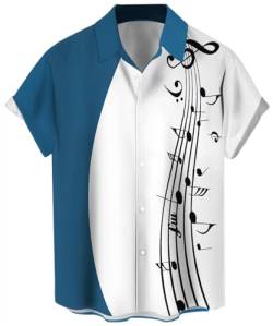 Herren Vintage Bowling Shirt 1950er Retro Rockabilly Stil Kurzarm Button Down Musik Hawaii Hemden, Musiknoten-weiß Blau, Mittel von Lzzidou