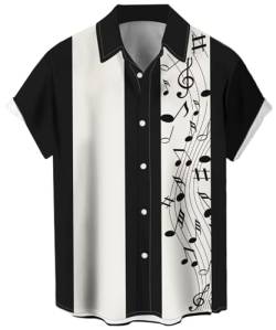 Herren Vintage Bowling Shirt 1950er Retro Rockabilly Stil Kurzarm Button Down Musik Hawaii Hemden, Musiknoten-weiß Schwarz, L von Lzzidou