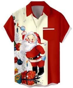 Herren Vintage Bowling Shirt 1950er Retro Rockabilly Stil Kurzarm Button Down Musik Hawaii Hemden, Weihnachtsmann, L von Lzzidou