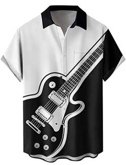 Herren Vintage Bowling Shirt 1950er Retro Rockabilly Stil Kurzarm Button Down Musik Hawaiihemden, Gitarre, weiß, schwarz, L von Lzzidou