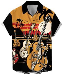 Herren Vintage Bowling Shirt 1950er Retro Rockabilly Stil Kurzarm Button Down Musik Hawaiihemden, Gitarre-Hawaii, XL von Lzzidou