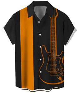 Herren Vintage Bowling Shirt 1950er Retro Rockabilly Stil Kurzarm Button Down Musik Hawaiihemden, Gitarre in Orange und Schwarz, 3X-Groß von Lzzidou