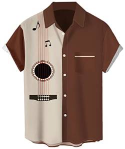 Herren Vintage Bowling Shirt 1950er Retro Rockabilly Stil Kurzarm Button Down Musik Hawaiihemden, Gitarren-Aprikosen-Kaffee, Mittel von Lzzidou