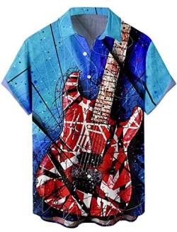 Herren Vintage Bowling Shirt 1950er Retro Rockabilly Stil Kurzarm Button Down Musik Hawaiihemden, Gitarren-Line, XX-Large von Lzzidou