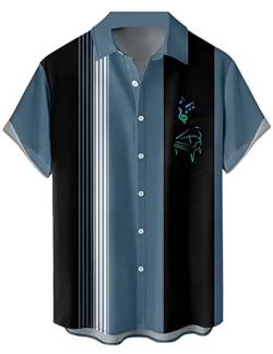 Herren Vintage Bowling Shirt 1950er Retro Rockabilly Stil Kurzarm Button Down Musik Hawaiihemden, Klavierblau schwarz, XX-Large von Lzzidou