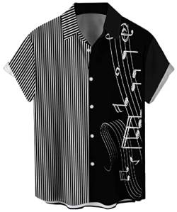 Herren Vintage Bowling Shirt 1950er Retro Rockabilly Stil Kurzarm Button Down Musik Hawaiihemden, Musiknoten-Schwarz gestreift, 3X-Groß von Lzzidou