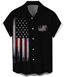 Herren Vintage Bowling Shirt 1950er Retro Rockabilly Stil Kurzarm Button Down Musik Hawaiihemden, Patriotic-black, L von Lzzidou