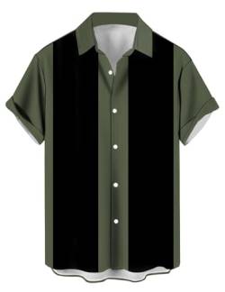 Herren Vintage Bowling Shirts 1950er Casual Kurzarm Button Up Kontrast Shirt Sommer Farbblock Kubanische Hemden, Grün / Schwarz, Mittel von Lzzidou
