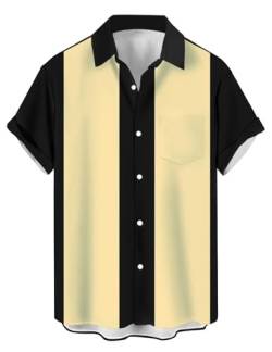 Herren Vintage Bowling Shirts 1950er Casual Kurzarm Button Up Kontrast Shirt Sommer Farbblock Kubanische Hemden, Schwarz und Gelb, XX-Large von Lzzidou