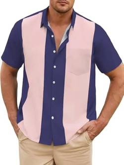 Herren Vintage Bowling Shirts 1950er Casual Kurzarm Button Up Kontrast Shirt Sommer Farbblock Kubanische Hemden, Violett und Rosa, XX-Large von Lzzidou