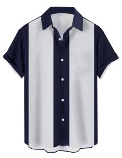 Herren Vintage Bowling Shirts Kurzarm Knopfleiste Farbblock Kuba Shirt, Marineblau und Grau, Mittel von Lzzidou