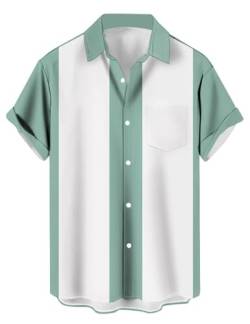Herren Vintage Bowling Shirts Kurzarm Knopfleiste Farbblock Kuba Shirt, Salbei und Weiß, XL von Lzzidou