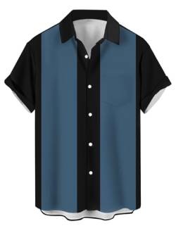 Herren Vintage Bowling Shirts Kurzarm Knopfleiste Farbblock Kuba Shirt, Schwarz und Blau, L von Lzzidou