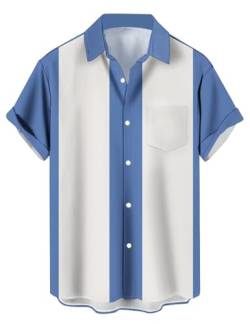 Herren Vintage Bowling Shirts Kurzarm Knopfleiste Farbblock Kuba Shirt, blau/weiß, L von Lzzidou