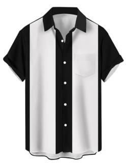 Herren Vintage Bowling Shirts Kurzarm Knopfleiste Farbblock Kuba Shirt, schwarz und weiß, 3X-Groß von Lzzidou