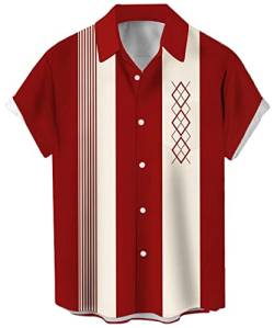 Herren Vintage Poker Bowling Shirt 1950er Retro Kurzarm Button Down Hawaiihemden, Rote Aprikose Geometrisch, 3X-Groß von Lzzidou