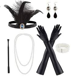 M MUNCASO Damen 1920er Kostüm-Set, 7 Pieces 1920s Accessories set mit Flapper Stirnband Gatsby Feder Schwarze Handschuhe Ohrringe Perlenkette Netzstrumpfhosen (Type1) von M MUNCASO
