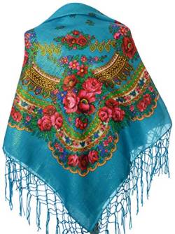 Halstuch mit traditionellem ukrainischem/polnischem/russischem Blumenmuster und Fransen - Blau - von M&K Apparel