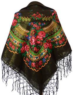 Halstuch mit traditionellem ukrainischem/polnischem/russischem Blumenmuster und Fransen - Schwarz - von M&K Apparel