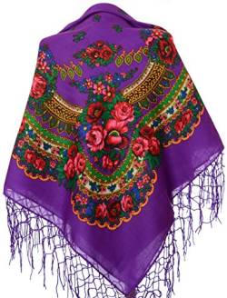 Halstuch mit traditionellem ukrainischem/polnischem/russischem Blumenmuster und Fransen - Violett - von M&K Apparel