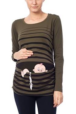 Baby Flucht - Lustige witzige süße Umstandsmode mit Motiv für die Schwangerschaft Umstandsshirt T-Shirt Schwangerschaftsshirt, Langarm (Khaki, Large) von M.M.C.