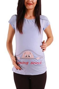 Coming Soon - Lustige witzige süße Umstandsmode mit Motiv Umstandsshirt für die Schwangerschaft T-Shirt Schwangerschaftsshirt, Kurzarm (Babyblau, Medium) von M.M.C.
