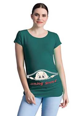 Coming Soon - Lustige witzige süße Umstandsmode mit Motiv Umstandsshirt für die Schwangerschaft T-Shirt Schwangerschaftsshirt, Kurzarm (Dunkelgrün, Large) von M.M.C.