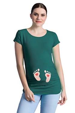 Fußabdrücke Baby mit Herz - Lustige witzige süße Umstandsmode mit Motiv Umstandsshirt für die Schwangerschaft T-Shirt Schwangerschaftsshirt, Kurzarm (Dunkelgrün, Small) von M.M.C.