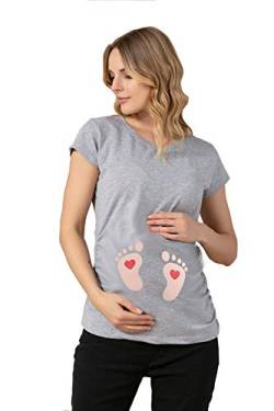 Fußabdrücke Baby mit Herz - Lustige witzige süße Umstandsmode mit Motiv Umstandsshirt für die Schwangerschaft T-Shirt Schwangerschaftsshirt, Kurzarm (Grau, Medium) von M.M.C.