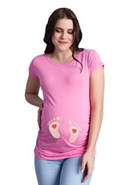Fußabdrücke Baby mit Herz - Lustige witzige süße Umstandsmode mit Motiv Umstandsshirt für die Schwangerschaft T-Shirt Schwangerschaftsshirt, Kurzarm (Rosa, Small) von M.M.C.