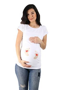 Fußabdrücke Baby mit Herz - Lustige witzige süße Umstandsmode mit Motiv Umstandsshirt für die Schwangerschaft T-Shirt Schwangerschaftsshirt, Kurzarm (Weiß, Medium) von M.M.C.