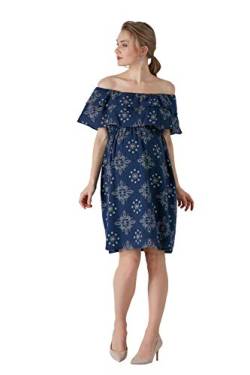 M.M.C. Blaues Carmen Umstands-Kleid mit Mustern - Schulterfreies Schwangerschaftskleid mit Volant Freizeitkleid Schwangerschaft Abendkleid Partykleid - Knielang (Blau, 42) von M.M.C.