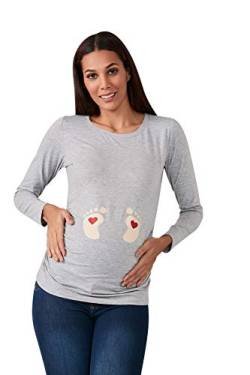 M.M.C. Fußabdrücke Baby mit Herz - Süße Umstandsmode Motiv Umstandsshirt Sweatshirt Schwangerschaftsshirt für die Schwangerschaft, Langarm (Grau, Large) von M.M.C.