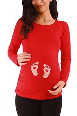 M.M.C. Fußabdrücke Baby mit Herz - Süße Umstandsmode Motiv Umstandsshirt Sweatshirt Schwangerschaftsshirt für die Schwangerschaft, Langarm (Rot, Small) von M.M.C.